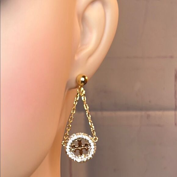 Tory Burch Dangle Chain Crystal Earrings 18YG plated - Picture 3 of 9
